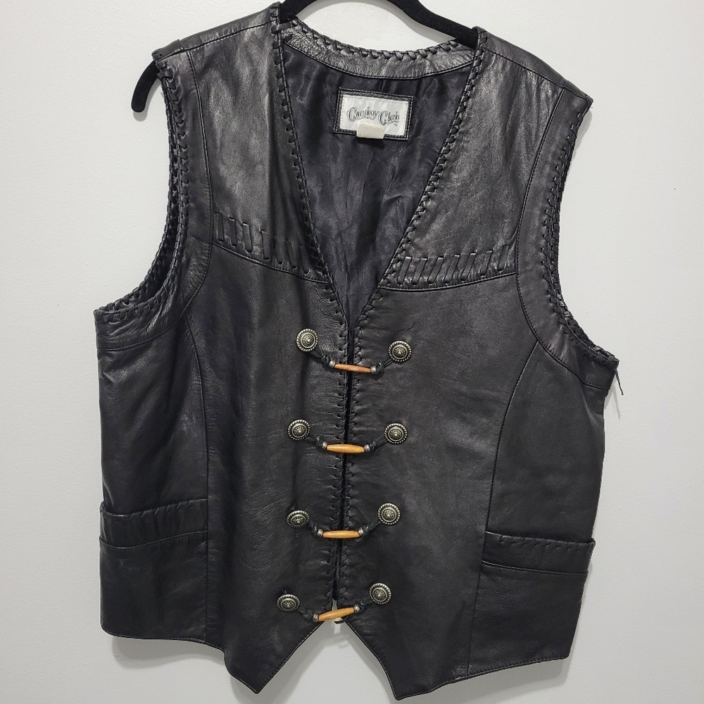 Black Leather Western Style Vest with Button Details